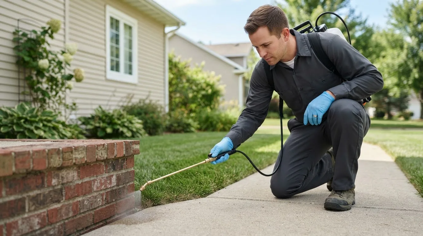 Pest control technician treating a home near Whitehall, MI
