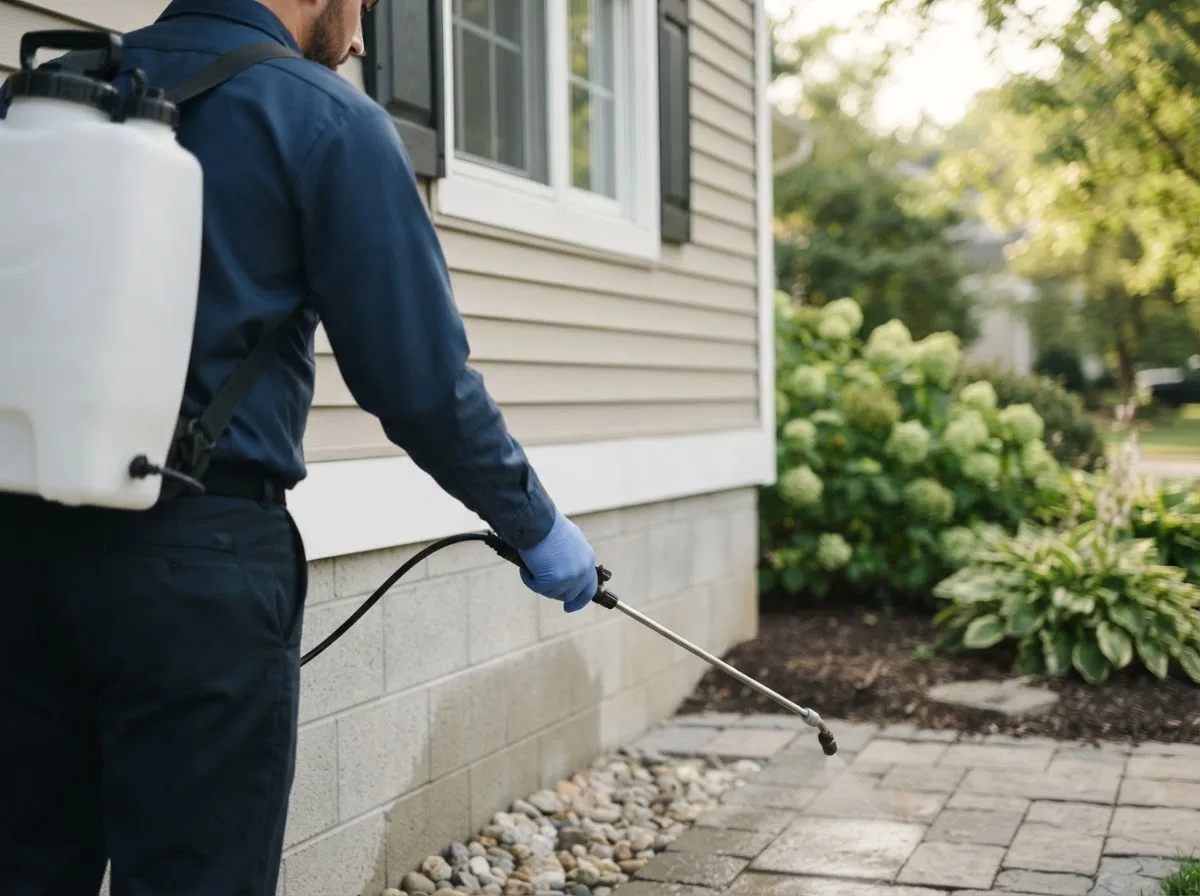 Pest control technician inspecting a home in Whitehall, MI